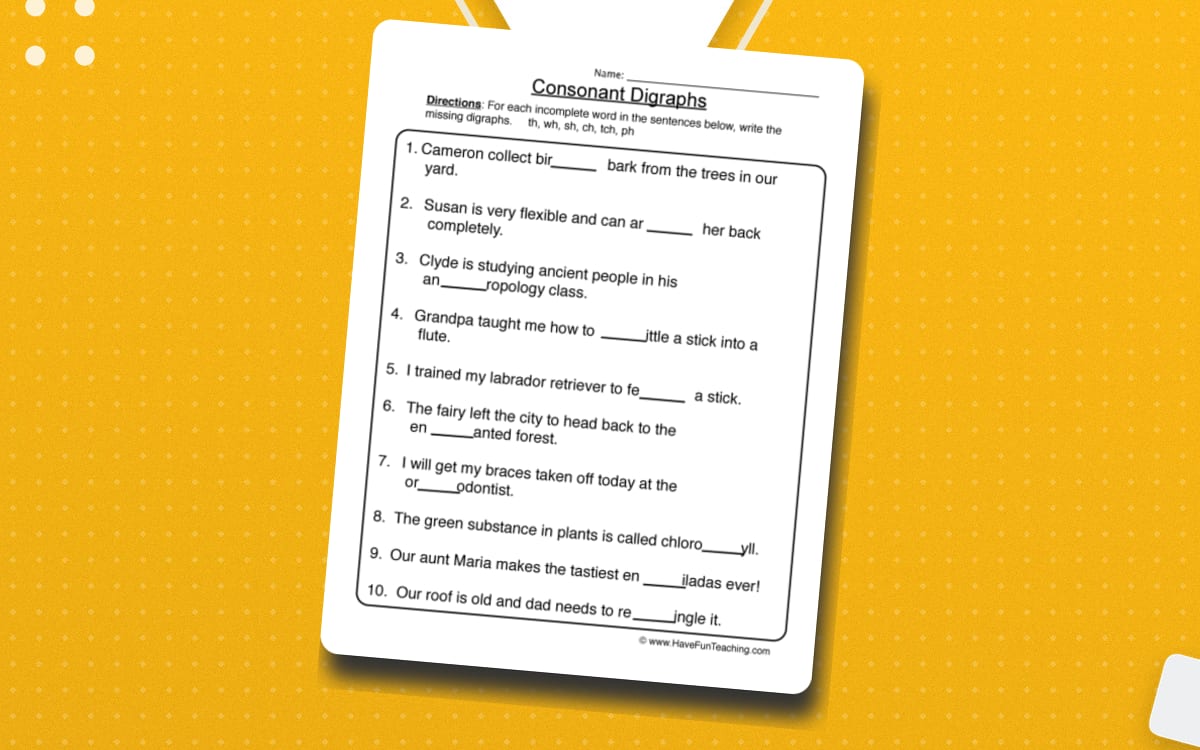 Consonant Digraphs Worksheet preview: A reference row of six consonant-digraph patterns