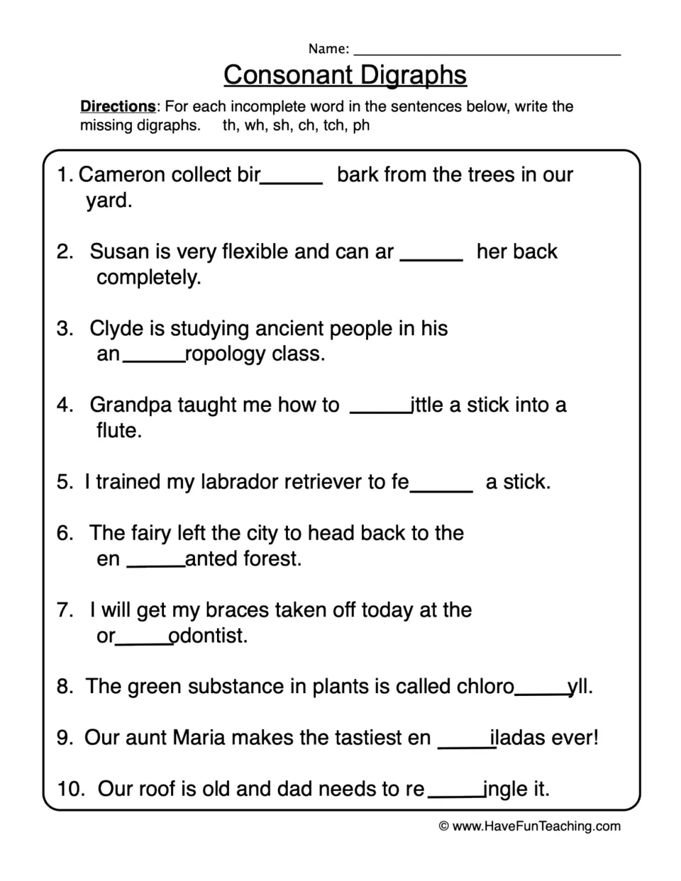 Consonant digraphs: students write th, wh, sh, ch, tch or ph to complete the missing part of words in 10 sentences