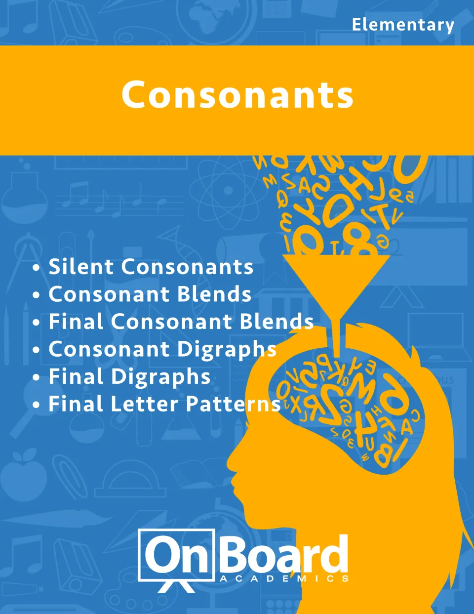 Consonants workbook cover listing silent consonants, blends, final blends, digraphs, and final letter patterns