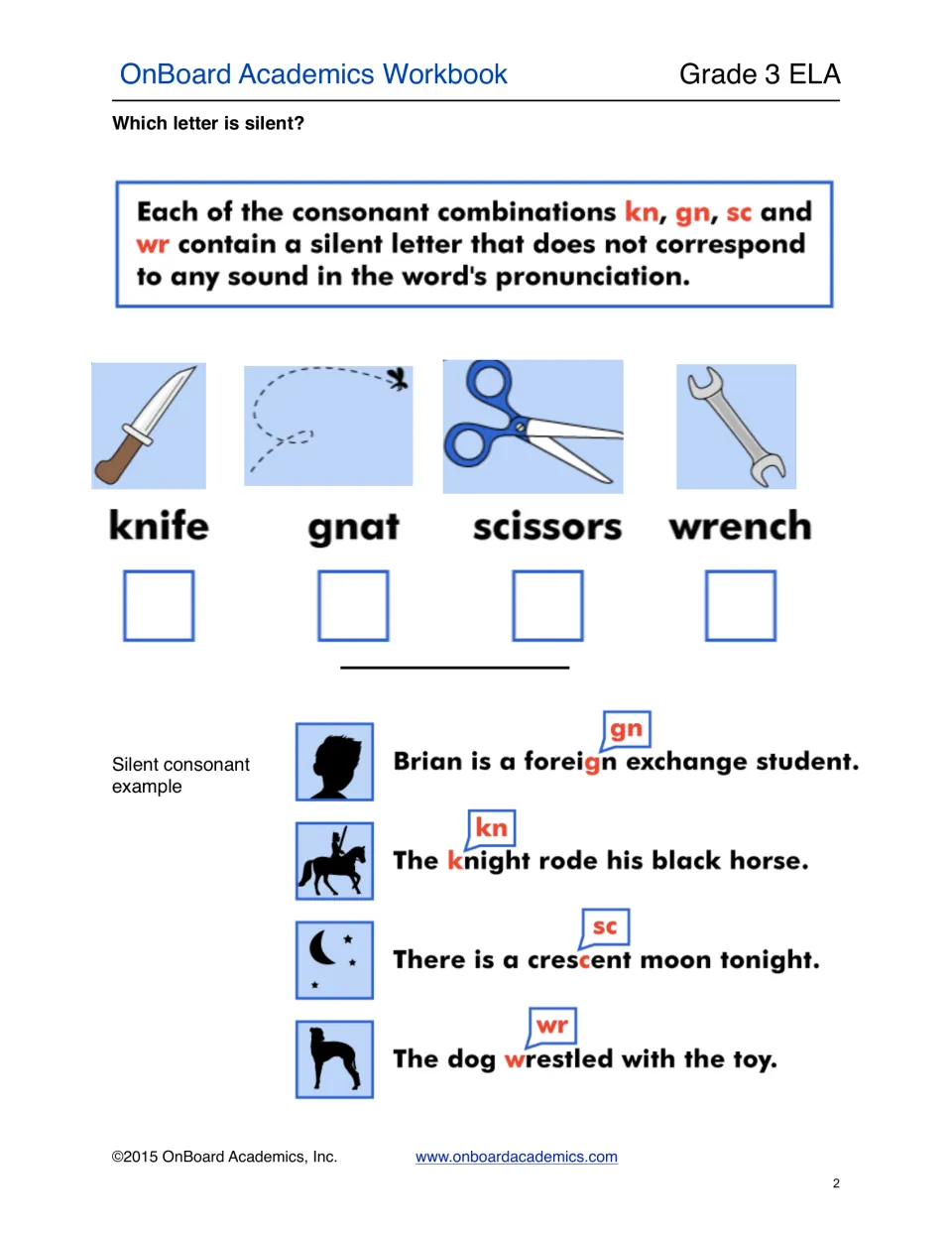 Silent consonant lesson explaining kn, gn, sc, and wr through knife, gnat, scissors, wrench, and sentences