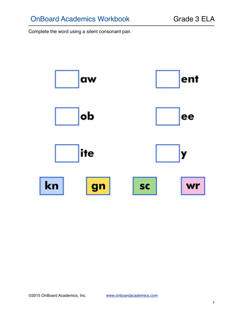 Silent consonant word completion practice using kn, gn, sc, and wr to finish aw, ent, ob, ee, ite, and y