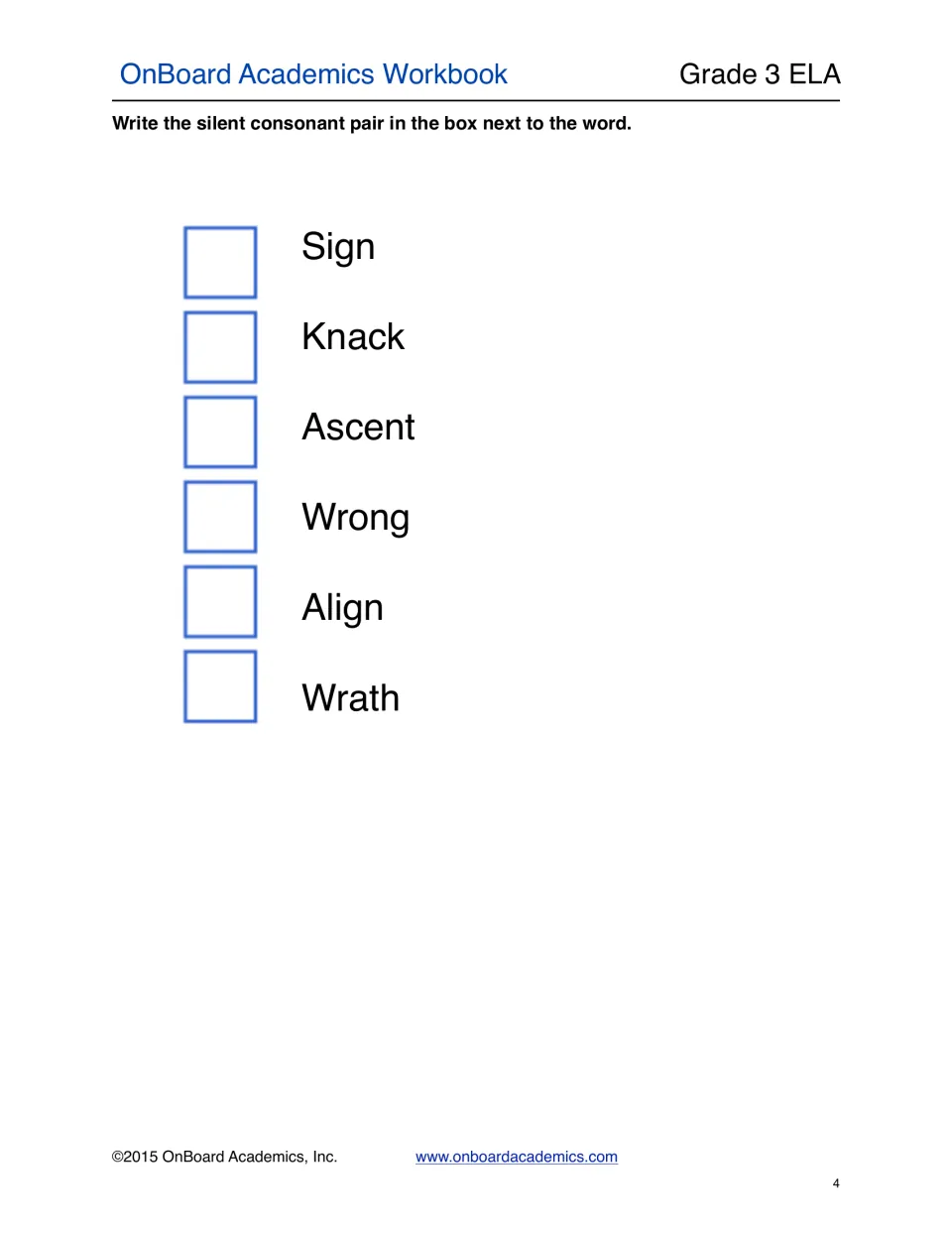 Silent consonant pair identification practice for the six words sign, knack, ascent, wrong, align, and wrath