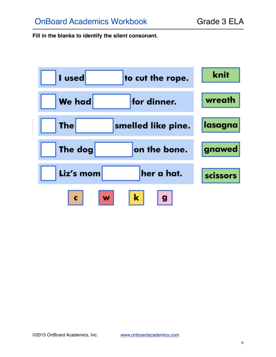 Silent consonant sentence practice using knit, wreath, lasagna, gnawed, and scissors and identifying letters