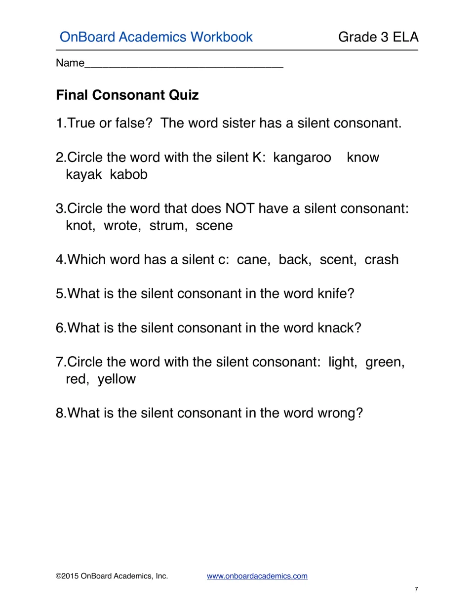 Eight-question consonant quiz asks students to identify silent letters in words including knife, knack, and wrong