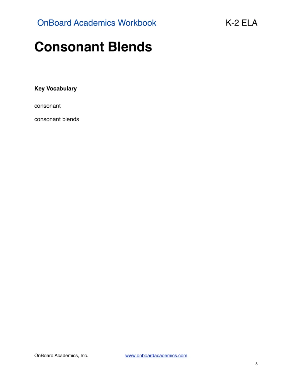 Consonant blends section opener introducing the next topic with consonant and consonant blends as key vocabulary