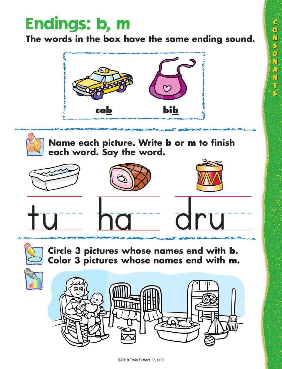 Ending sounds b and m: students write b or m to finish tub, ham and drum, then find b and m pictures in a nursery scene