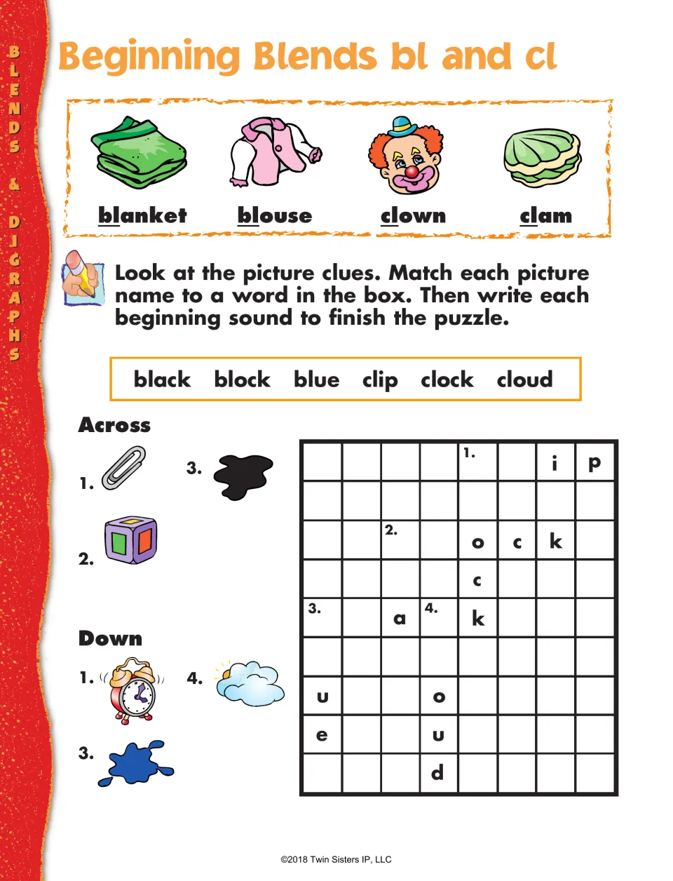 Beginning blends bl and cl: students write black, block, blue, clip, clock and cloud in a picture-clue crossword