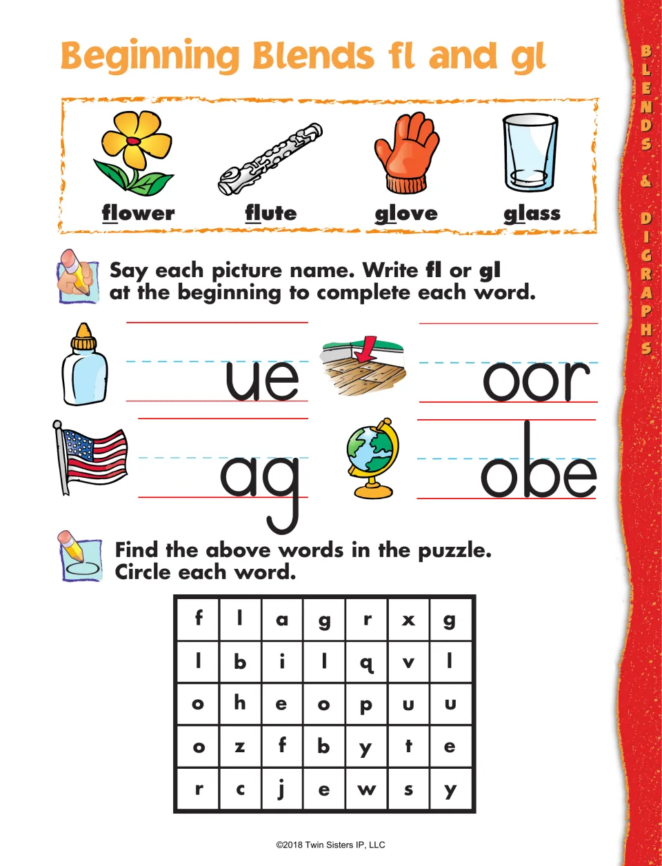 Beginning blends fl and gl: students write fl or gl to finish glue, floor, flag, globe, then find them in a word search