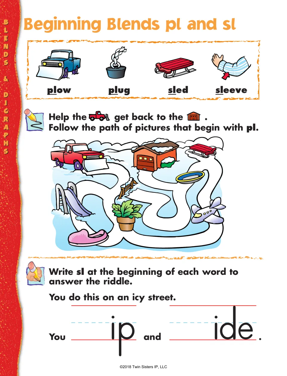 Blends pl and sl: students follow pl pictures through a maze, then add sl to finish a riddle about slip and slide