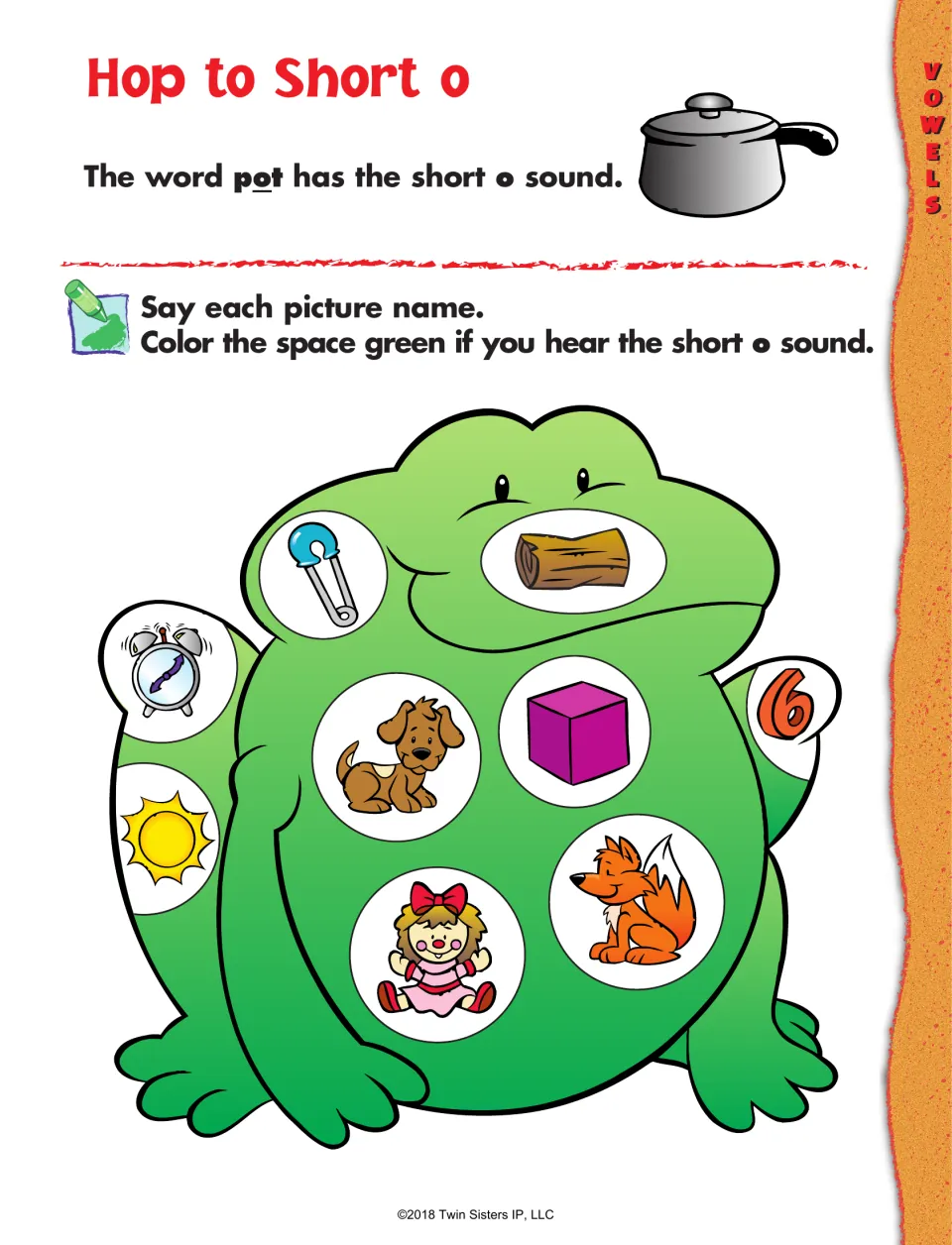 Short o sound: students say each picture name on a big frog, such as log, sun and box, and color short o spaces green