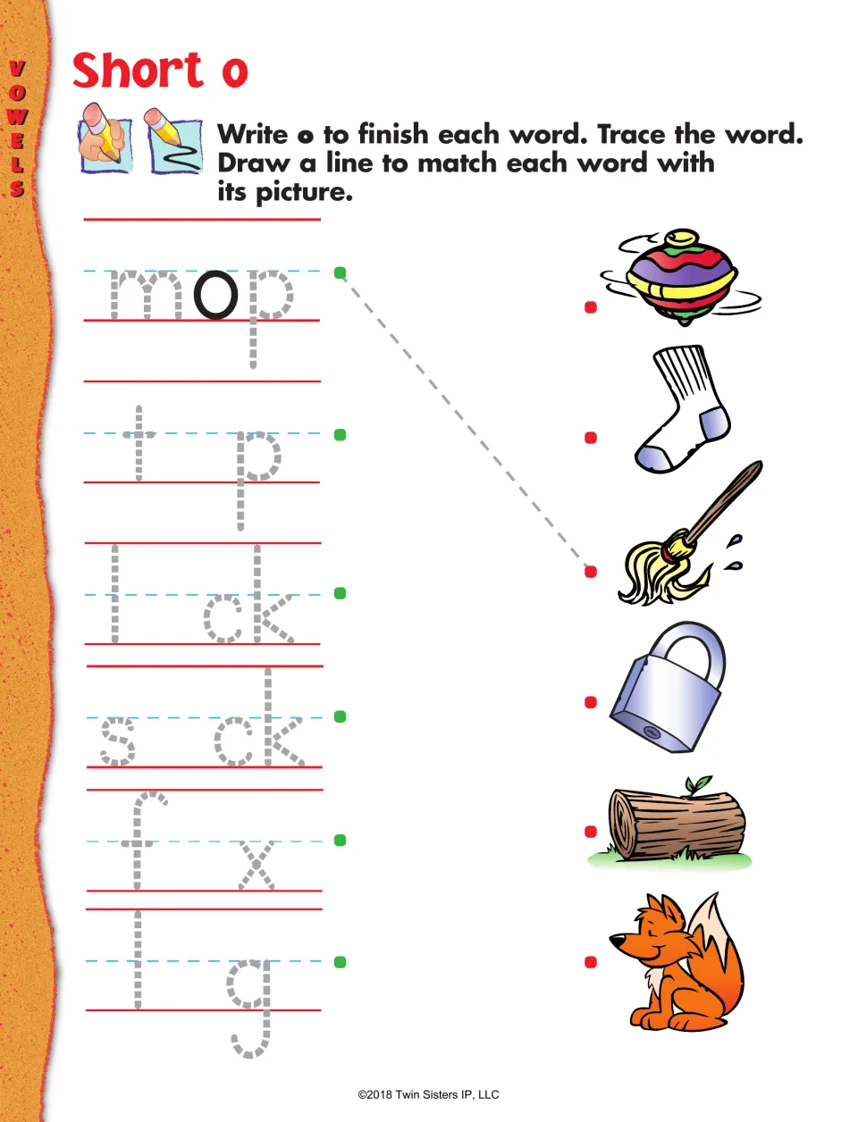 Short o words: students write o to finish mop, top, lock, sock, fox and log, trace each word and match it to its picture