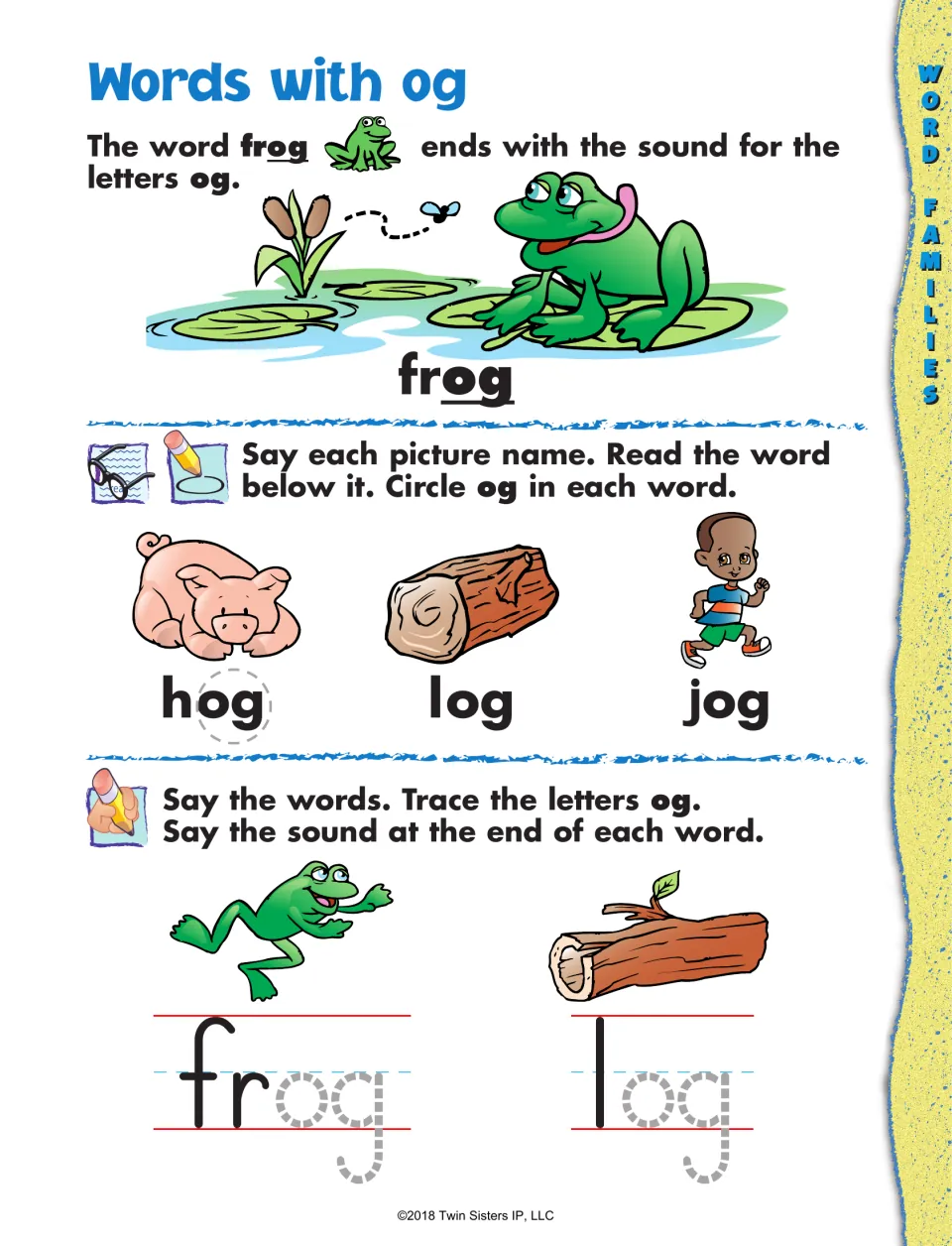 Word family og: students circle og in hog, log and jog, then trace og in frog and log and say the end sound