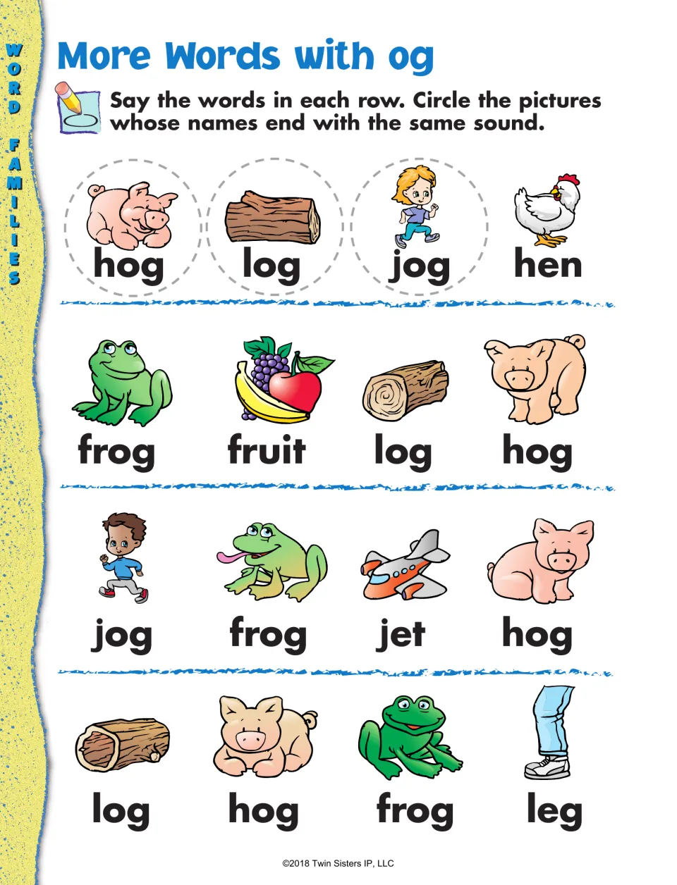 More og words: in four rows of picture words like hog, fruit, jet and leg, students circle the ones ending in og