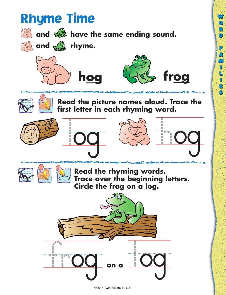 Rhyming og words: students trace the first letters of log and hog, then trace frog on a log and circle that picture