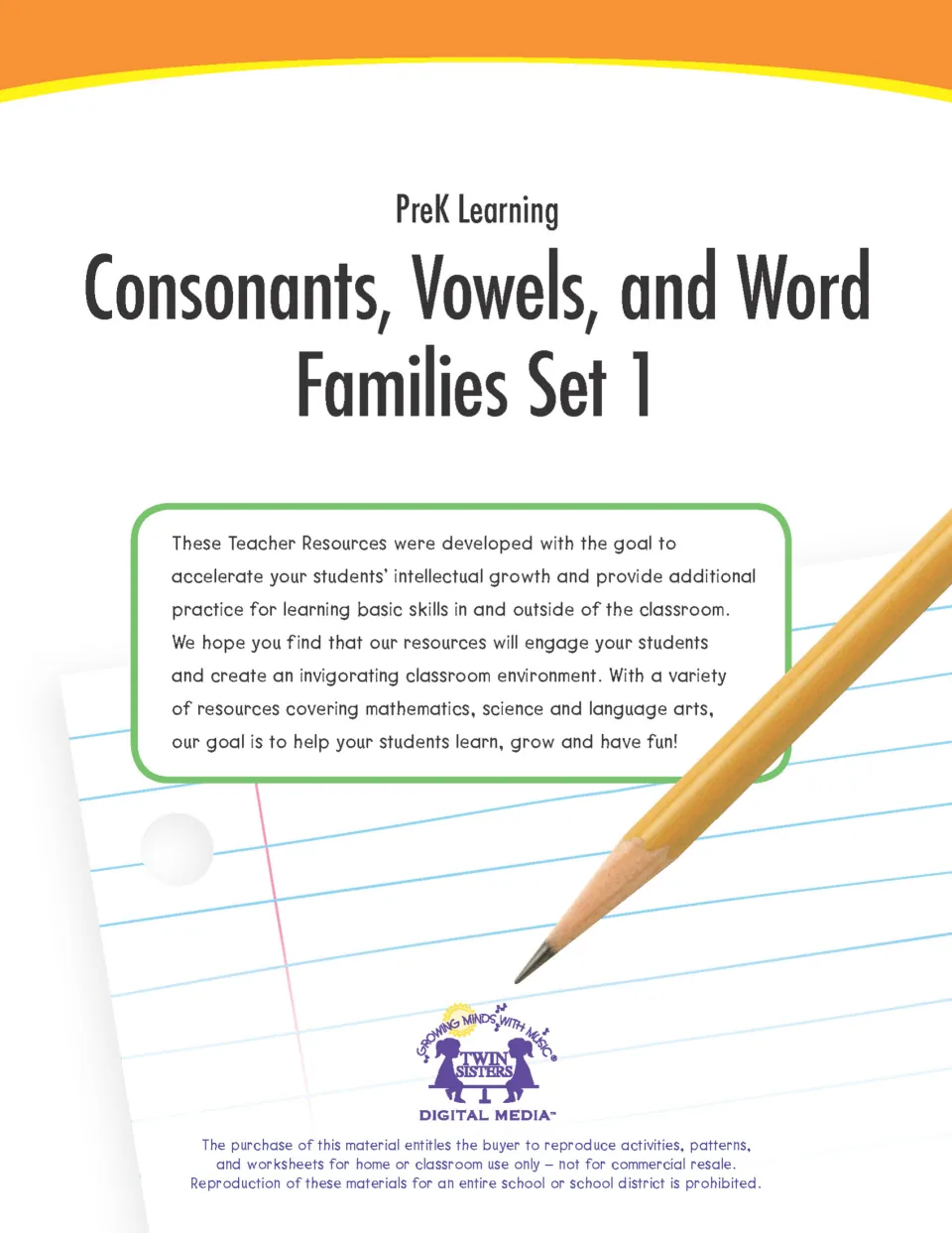PreK Learning cover for Consonants, Vowels, and Word Families Set 1 by Twin Sisters Digital Media, with a pencil on paper