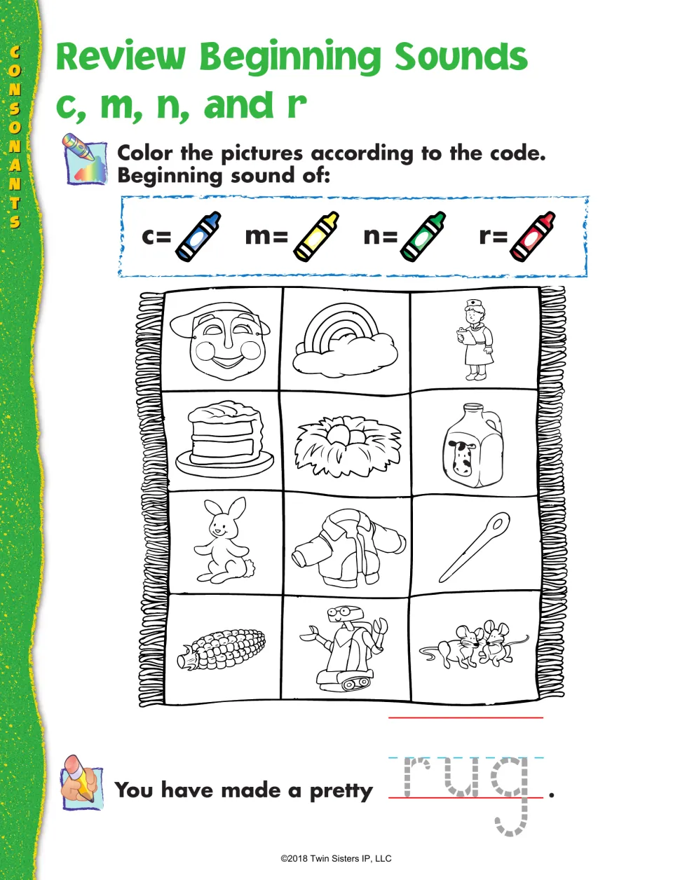 Beginning sounds c, m, n and r: students color 12 pictures on a rug by a color code, then trace the word rug to finish