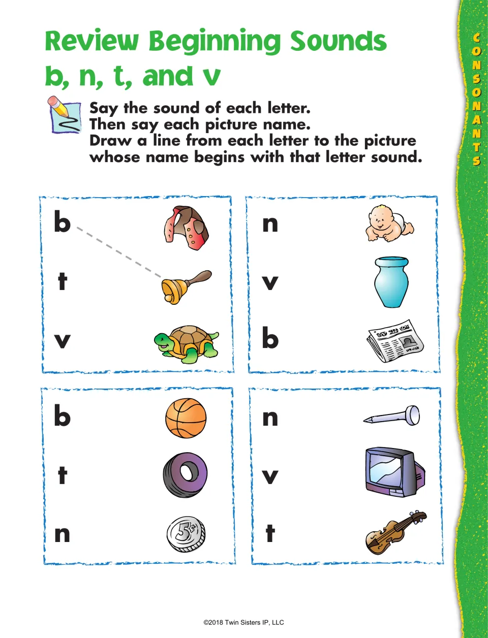 Beginning sounds b, n, t and v: students draw lines from each letter to a picture such as bell, vase, nail or violin