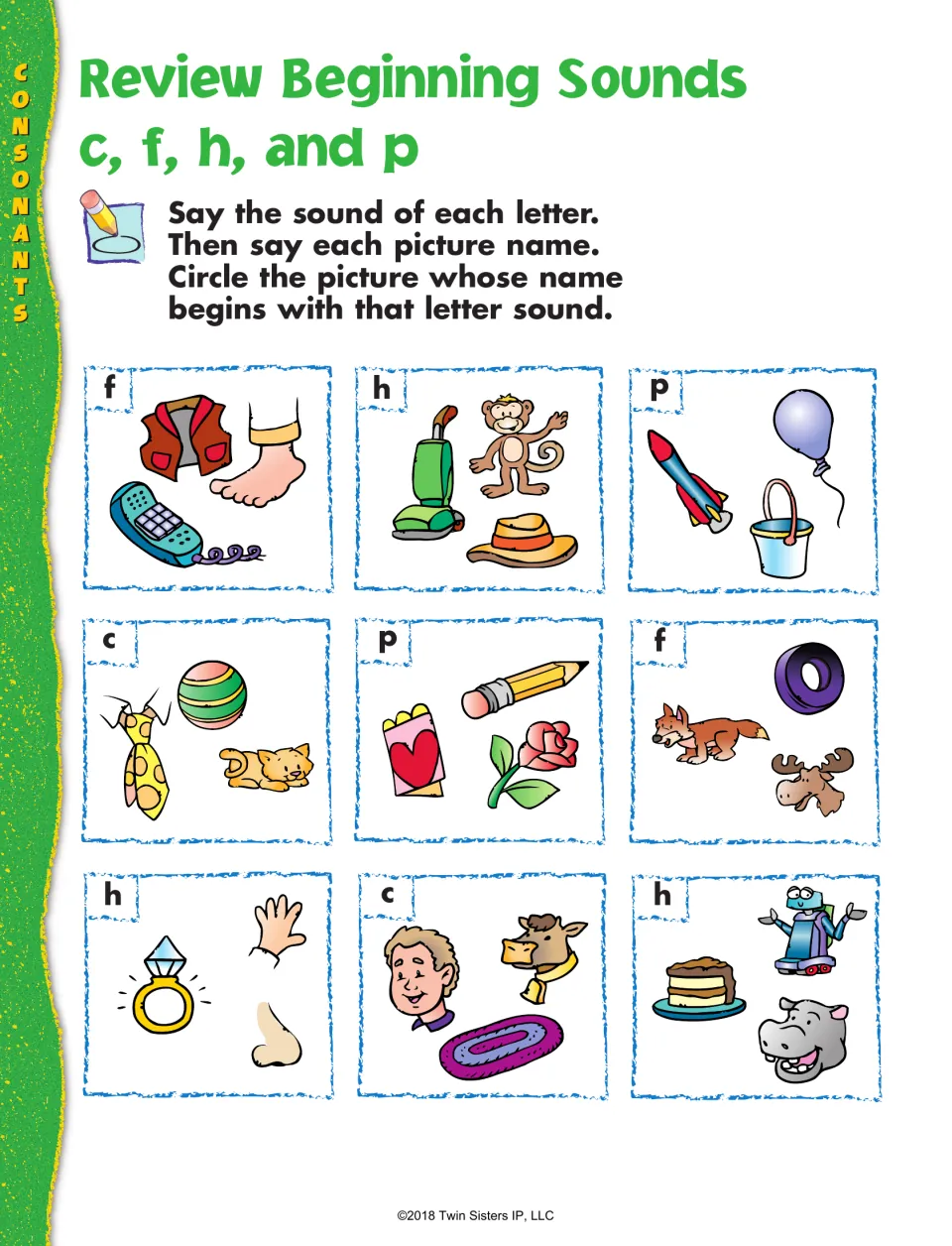 Beginning sounds c, f, h and p: students circle the one picture in each of 9 sets that starts with the given letter