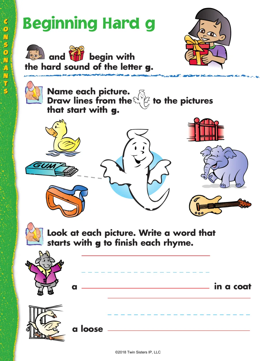 Hard g sound: students draw lines from a ghost to g pictures like gum and gate, then write g words to finish two rhymes