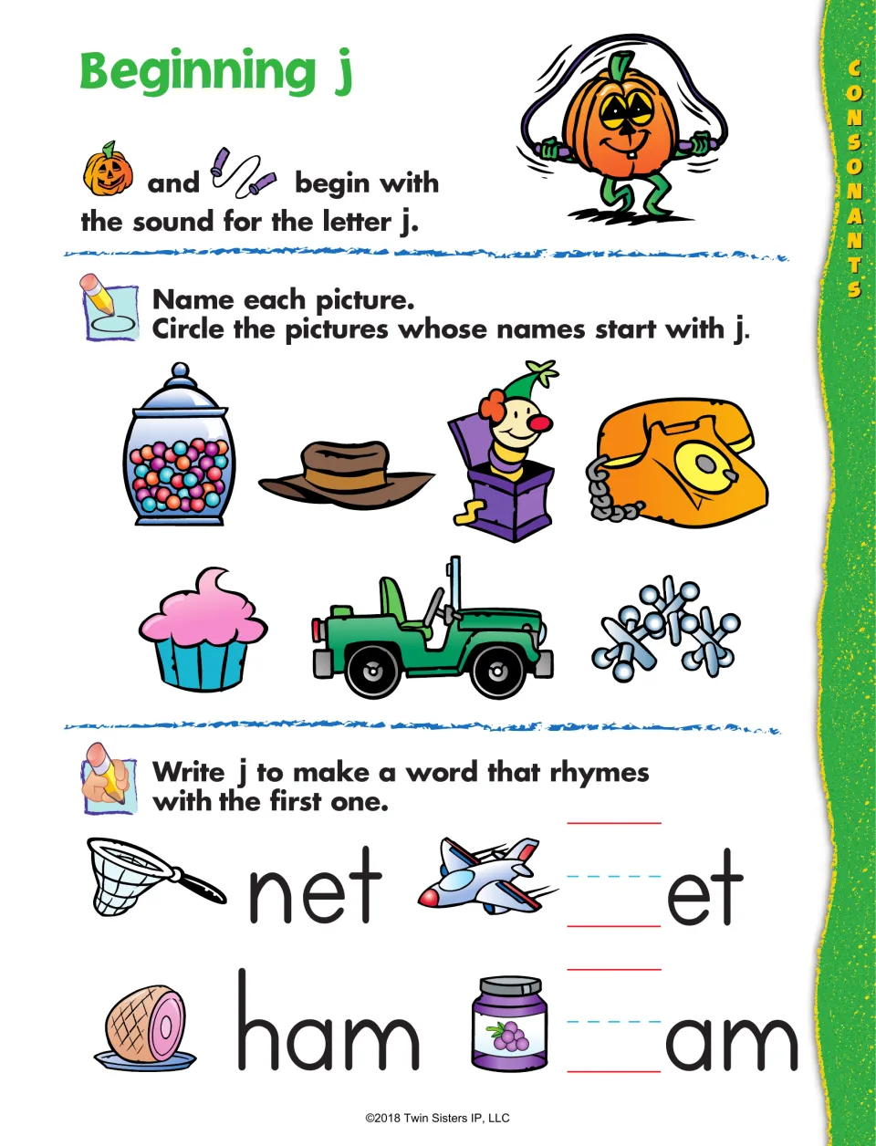 Beginning j sound: students circle j pictures such as jar, jeep and jacks, then write j to make jet and jam rhyme words