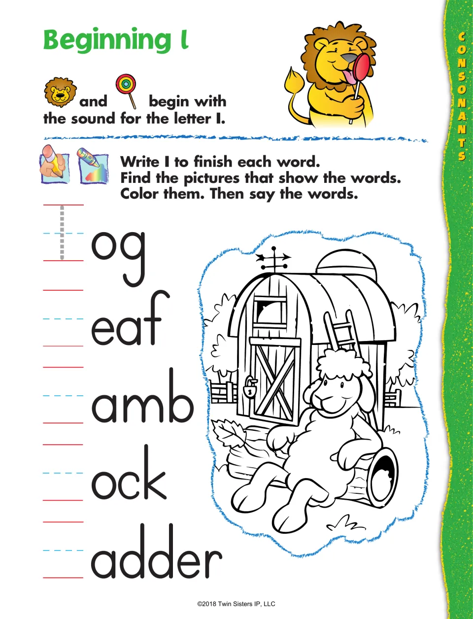 Beginning l sound: students write l to finish log, leaf, lamb, lock and ladder, then find and color them in a farm scene