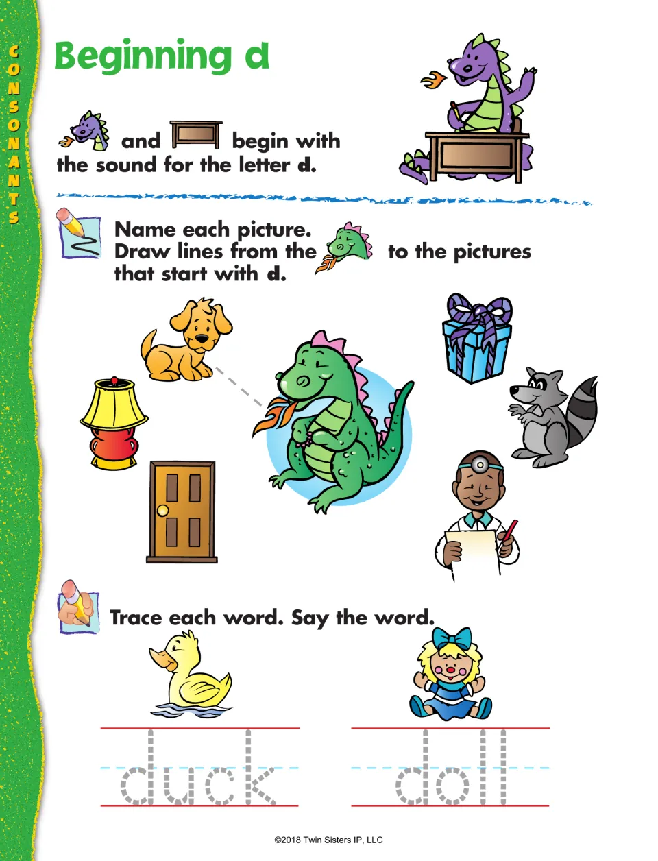 Beginning d: students draw lines from a dragon to pictures starting with d, such as dog and door, then trace duck and doll