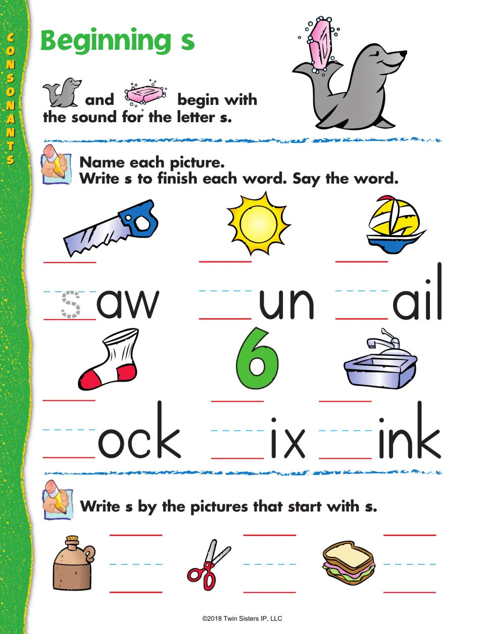 Beginning s: students write s to finish saw, sun, sail, sock, six and sink, then write s beside s pictures like scissors