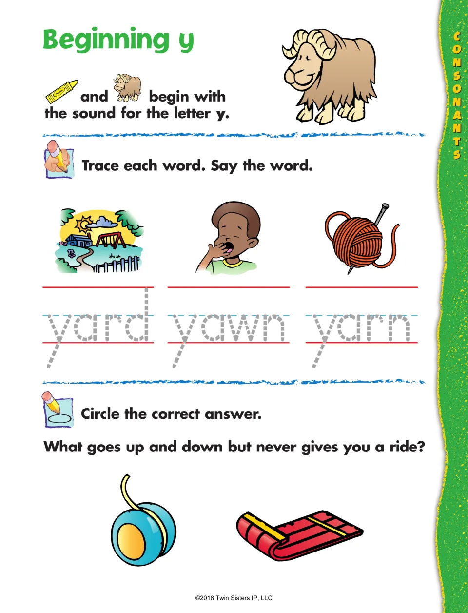 Beginning y: students trace yard, yawn and yarn, then solve a riddle by circling the yo-yo or the sled