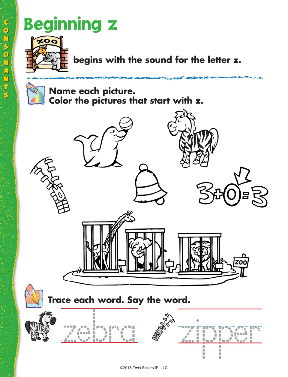Beginning z: students color pictures that start with z, such as zebra, zipper, zero and zoo, then trace two z words