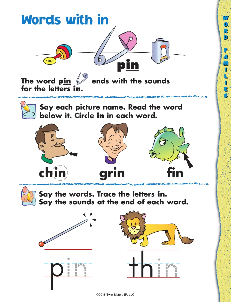 Words with in: students circle in within chin, grin and fin, then trace the letters in to finish pin and thin