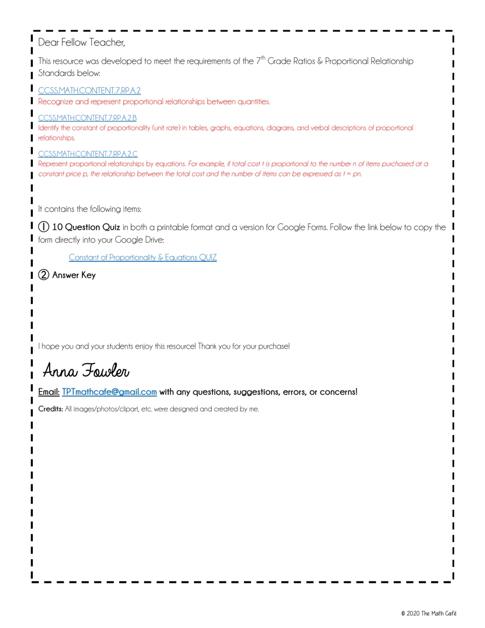 Teacher introduction lists proportional relationship standards, a 10-question quiz, and an answer key.