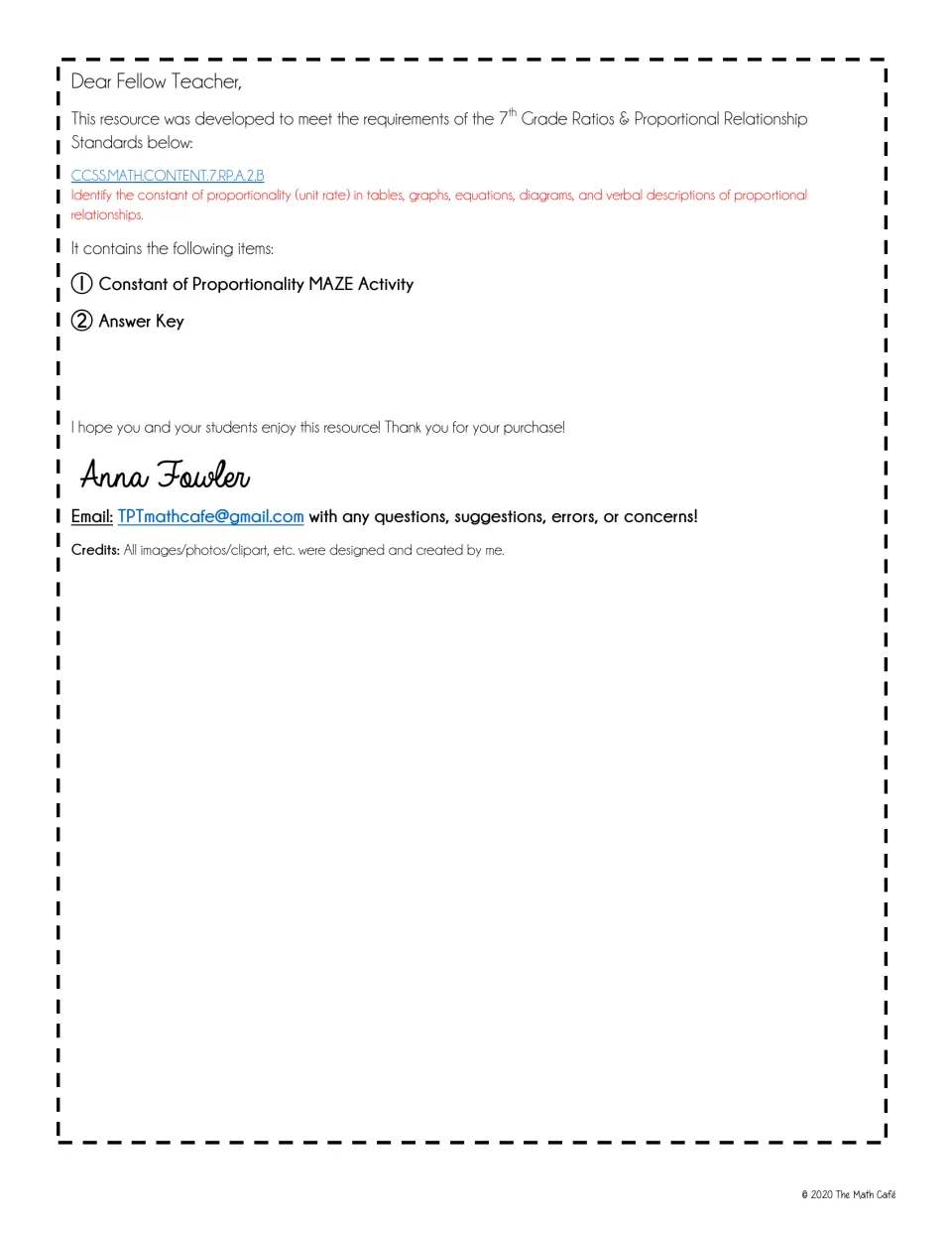 Teacher note citing standard 7.RP.A.2.B on unit rate and listing contents: one maze activity and an answer key