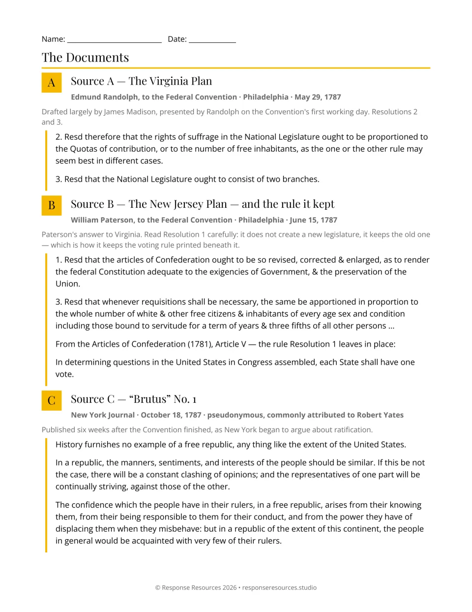 DBQ Sources A–C present the Virginia Plan, New Jersey Plan, and Brutus No. 1 on representation and republics.