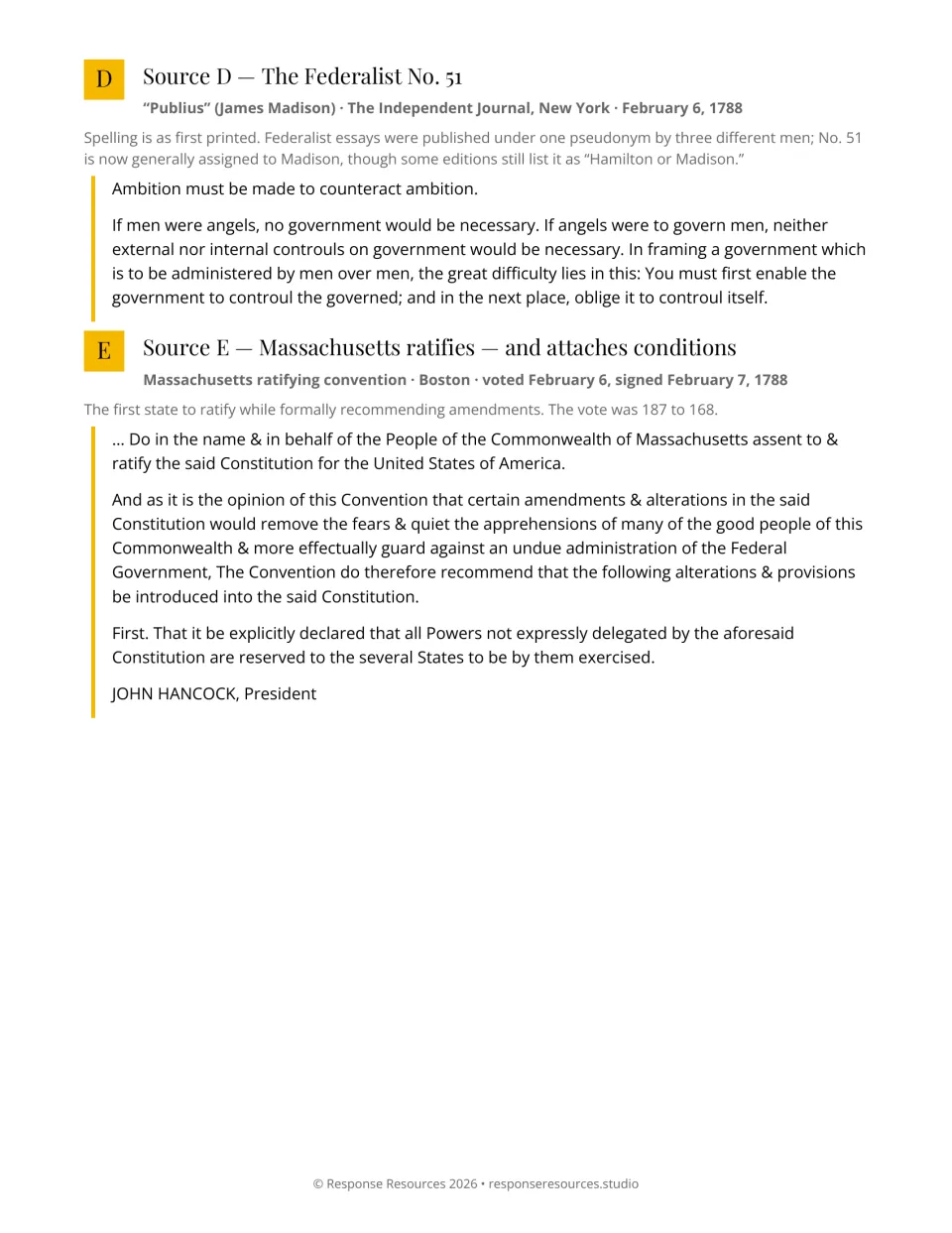 DBQ Sources D–E pair Federalist No. 51 on government controls with Massachusetts ratification recommendations.