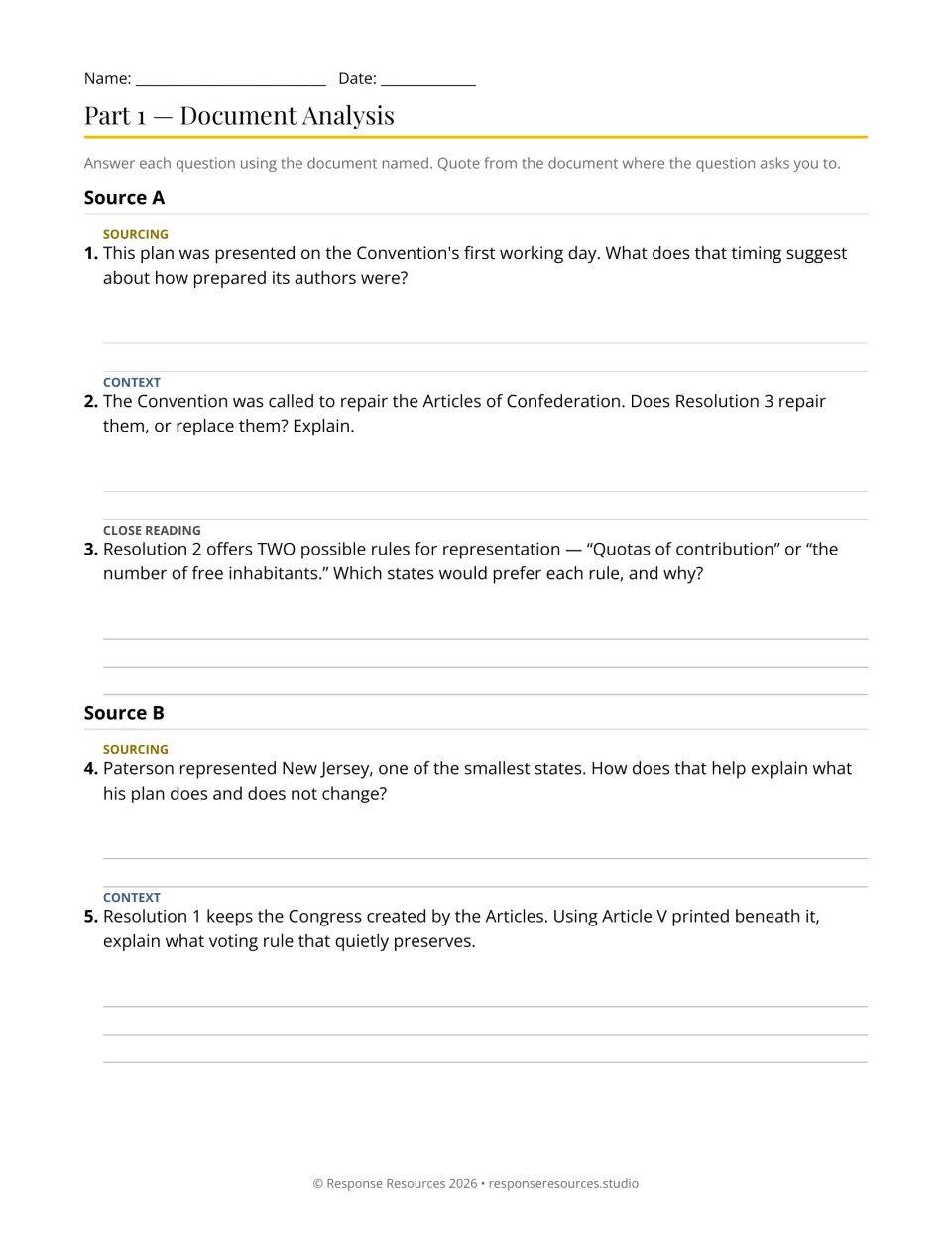 Document-analysis questions 1–5 examine the Virginia and New Jersey Plans through sourcing and close reading.