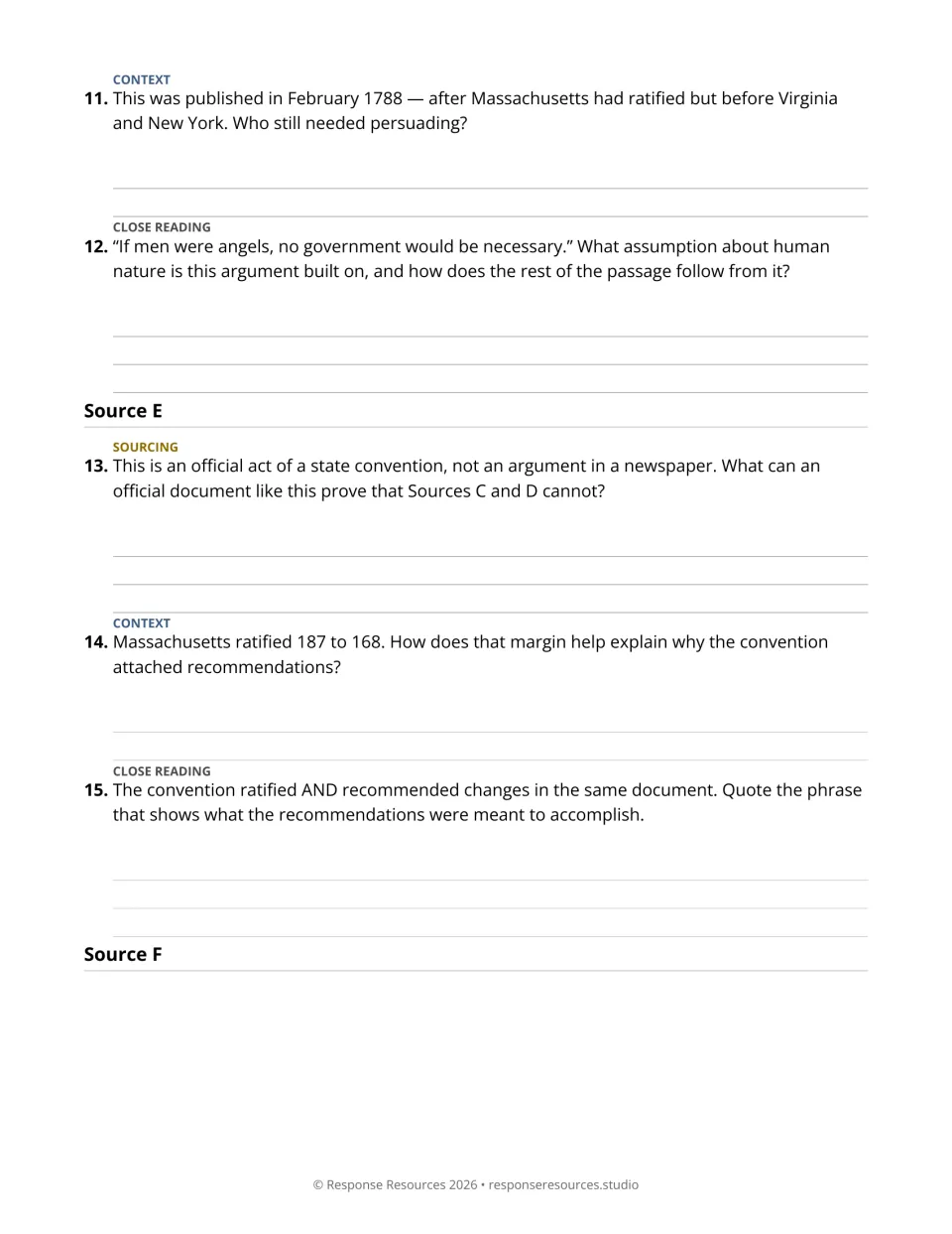 Document-analysis questions 11–15 examine Federalist No. 51 and Massachusetts's vote and proposed amendments.