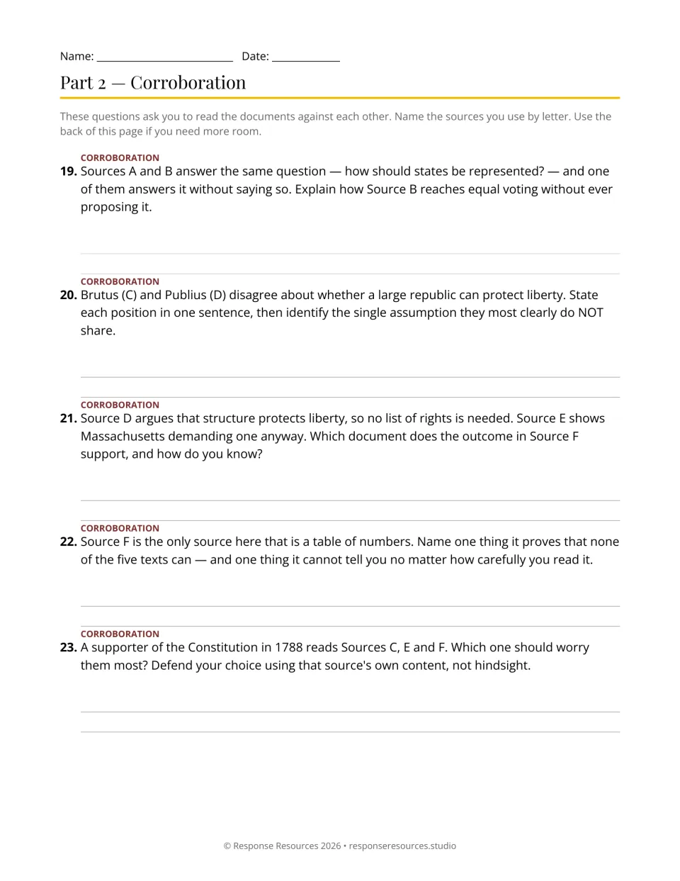 Corroboration questions 19–23 compare sources on representation, liberty, amendments, and ratification evidence.