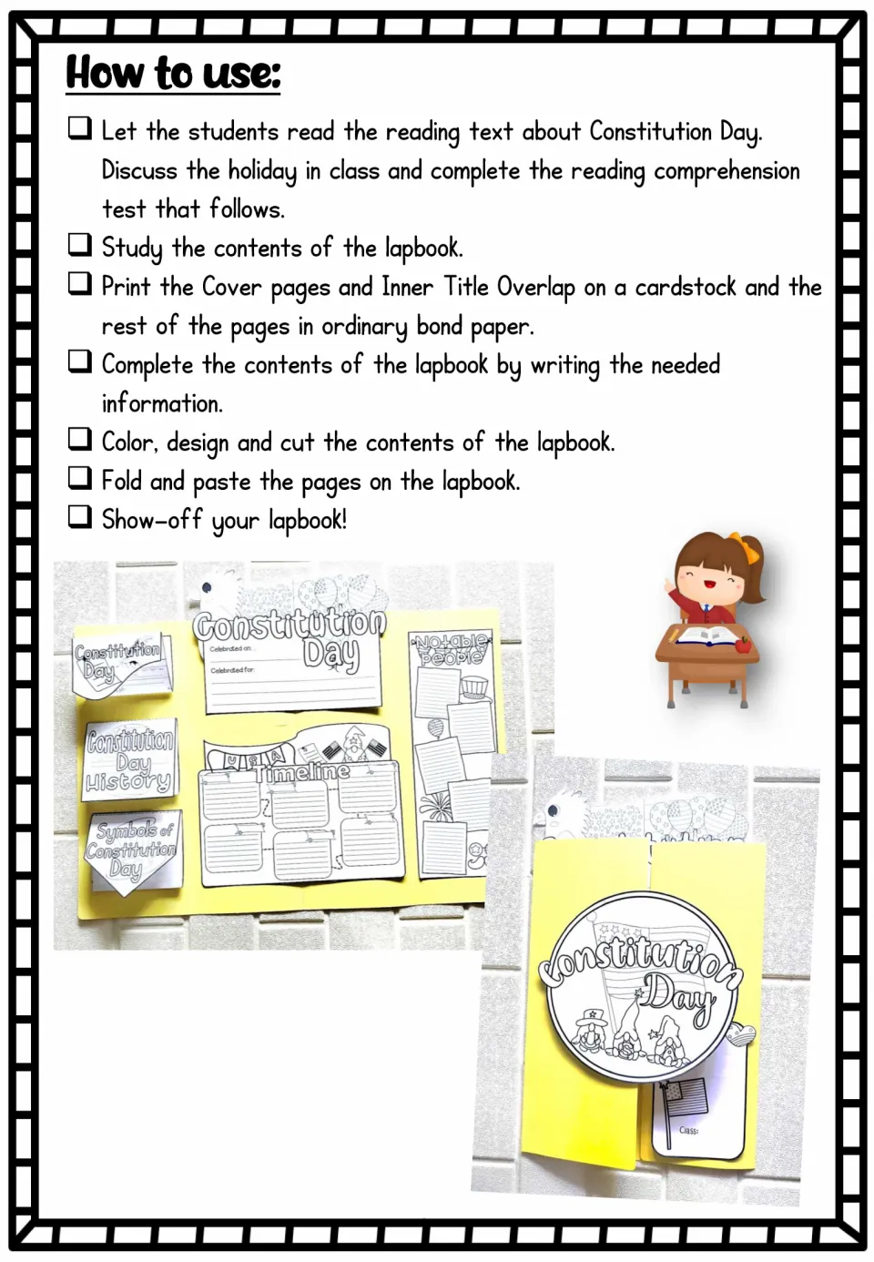 How to use: steps to read the text, print, write, color, cut, fold and paste the lapbook, with photos of a finished folder