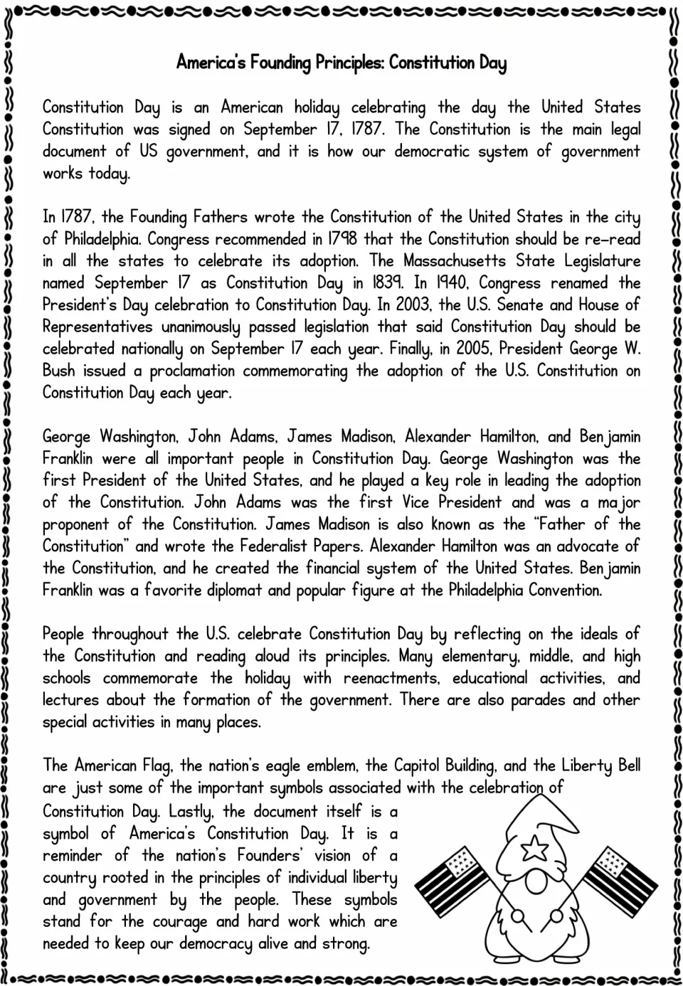 America's Founding Principles reading passage on Constitution Day history, key founders and symbols like the Liberty Bell
