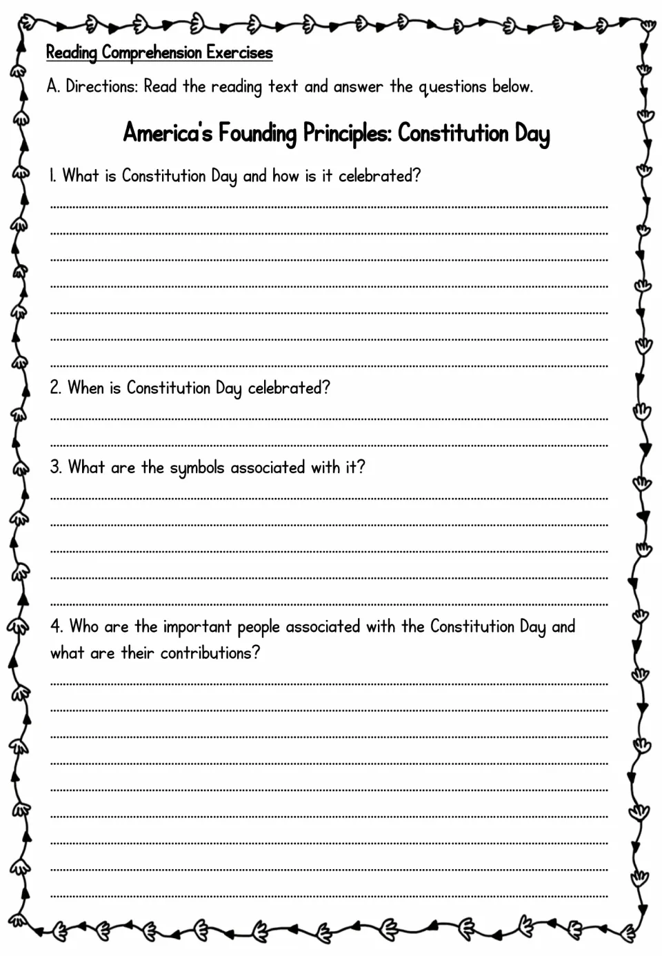 Reading comprehension: students answer 4 questions on what Constitution Day is, when it falls, its symbols and key people