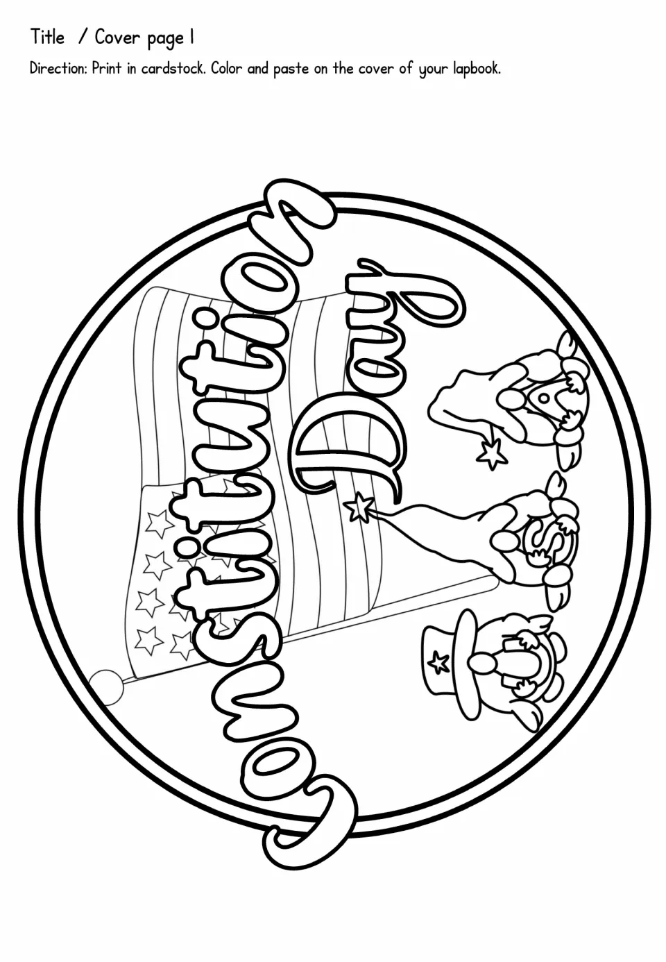 Lapbook title cover page 1: round Constitution Day coloring piece with a U.S. flag and gnomes to paste on the folder front
