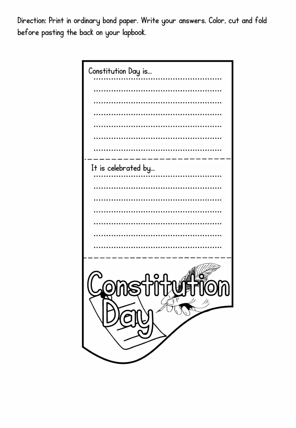 Fold-up flap: students write what Constitution Day is and how it is celebrated, above a quill and parchment drawing