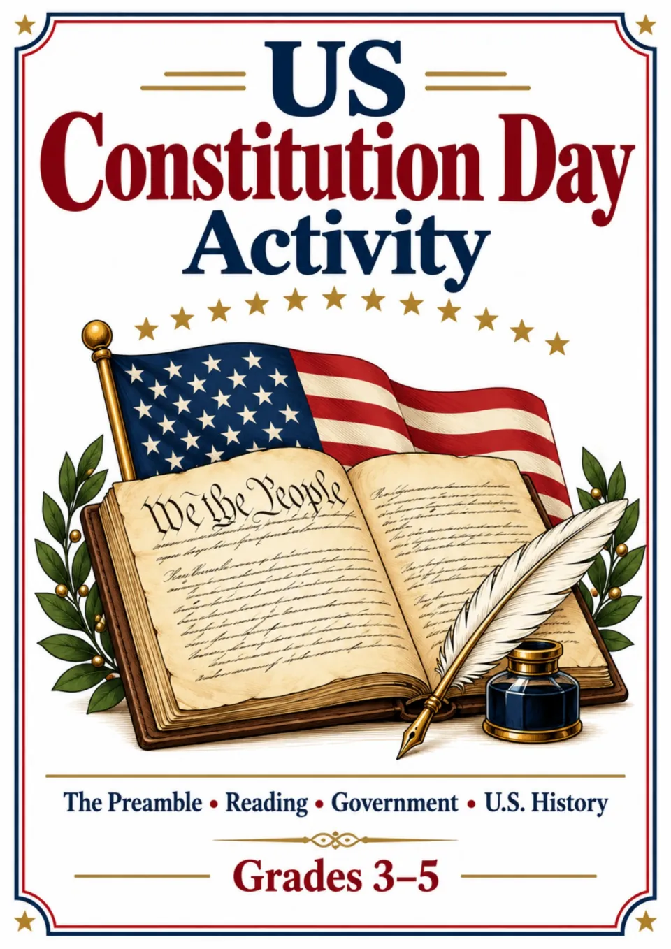 Cover of the Constitution Day activity packet for grades 3–5, covering the Preamble, reading, and government