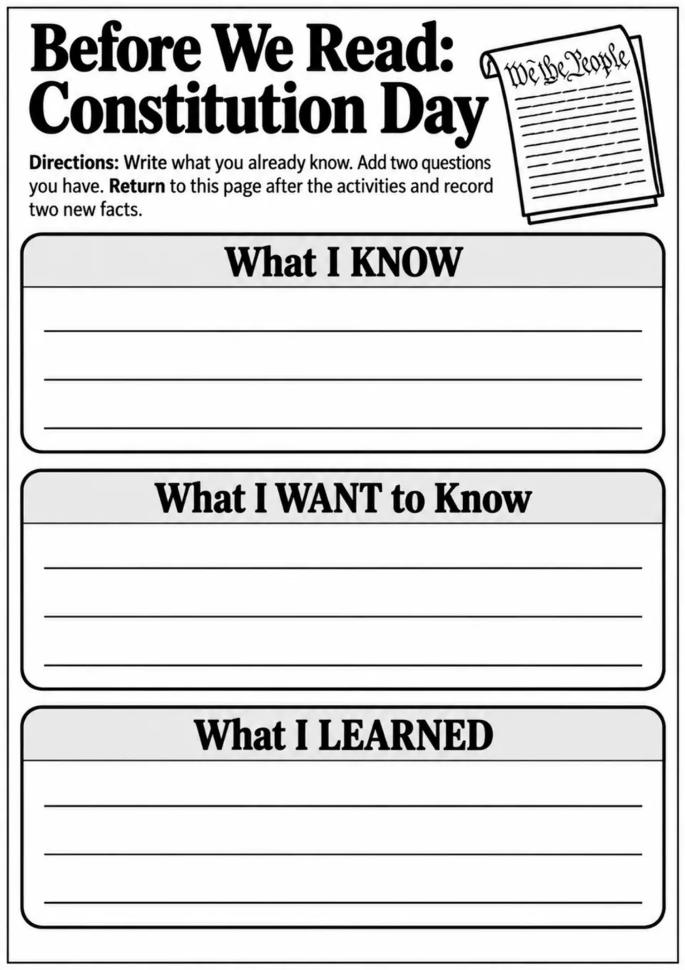 Constitution Day organizer asks students what they know, what they want to know, and what they learned