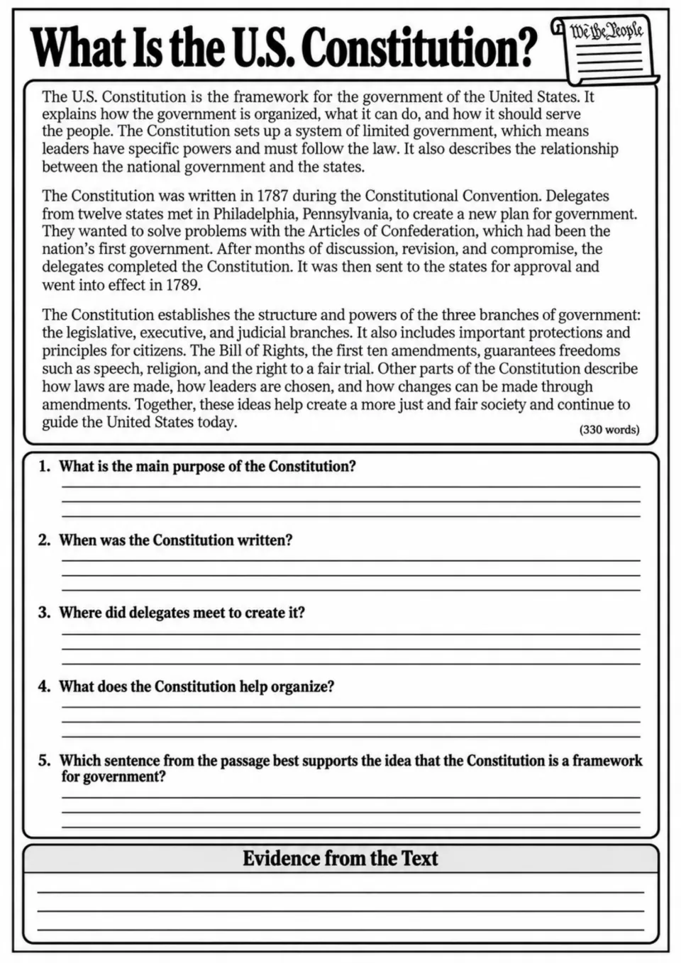 U.S. Constitution reading explains government structure and rights, followed by five questions and text evidence