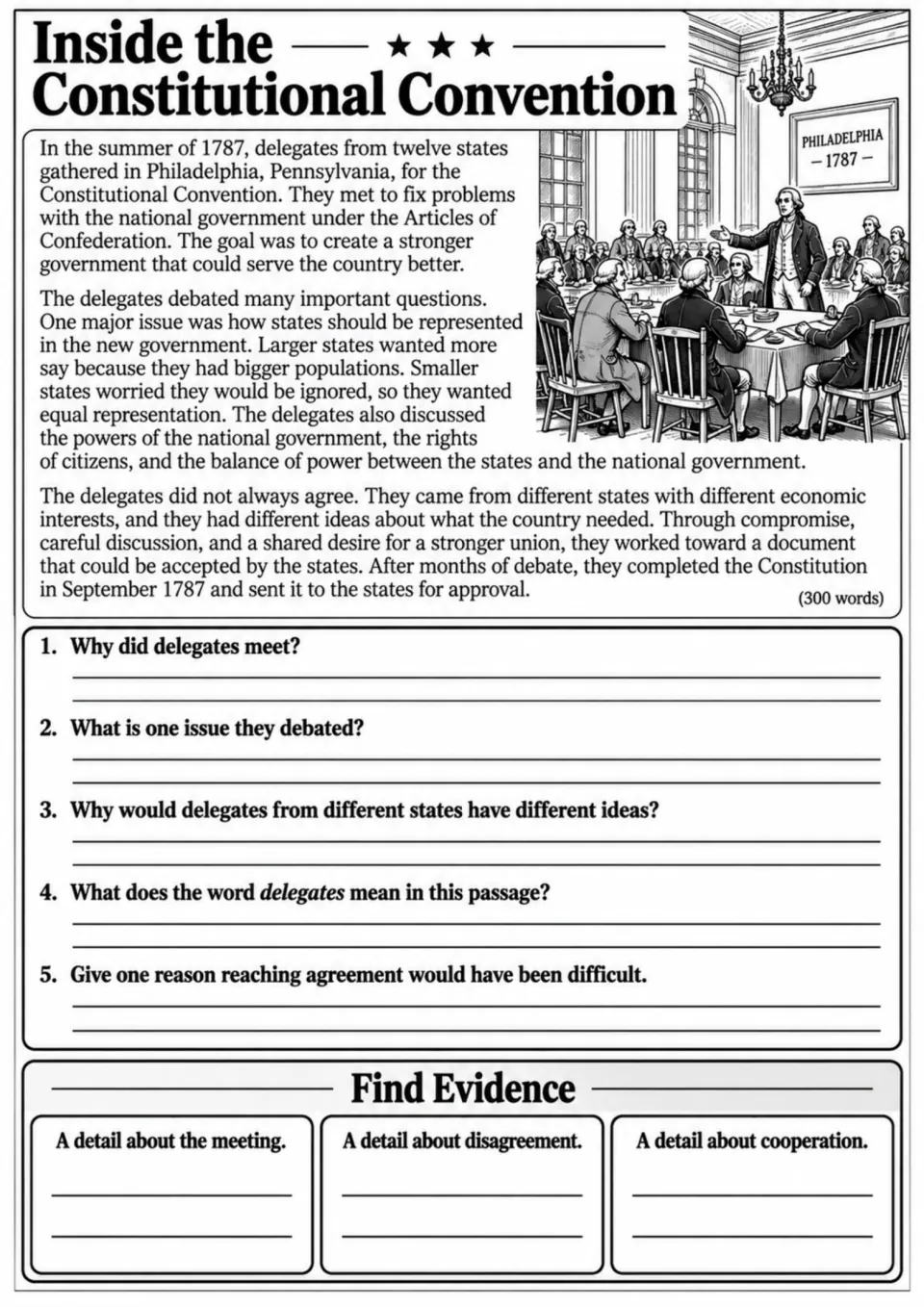 Constitutional Convention reading covers debate and compromise, with five questions and evidence prompts