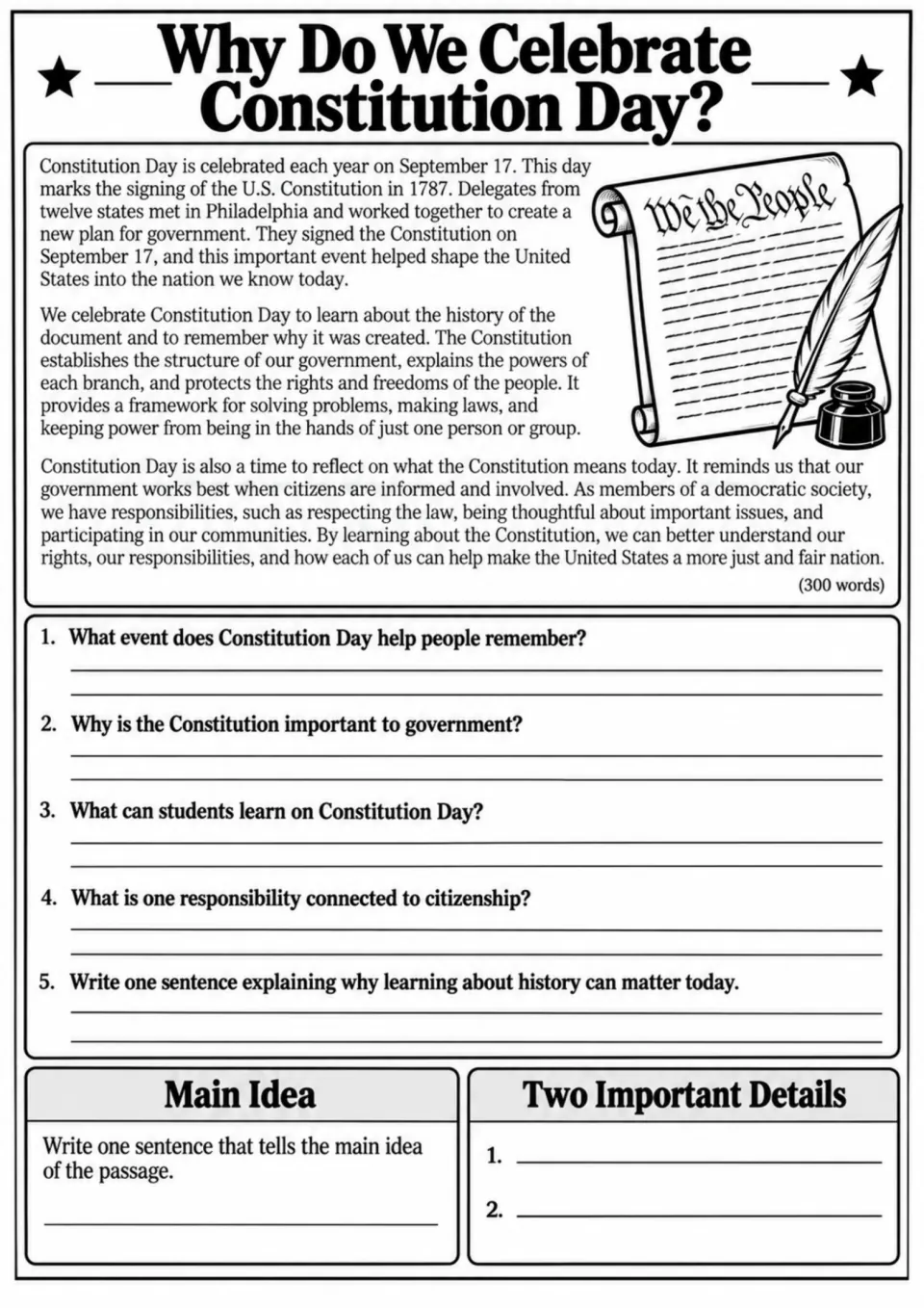 Constitution Day reading explains September 17, with five questions and main idea and supporting detail prompts