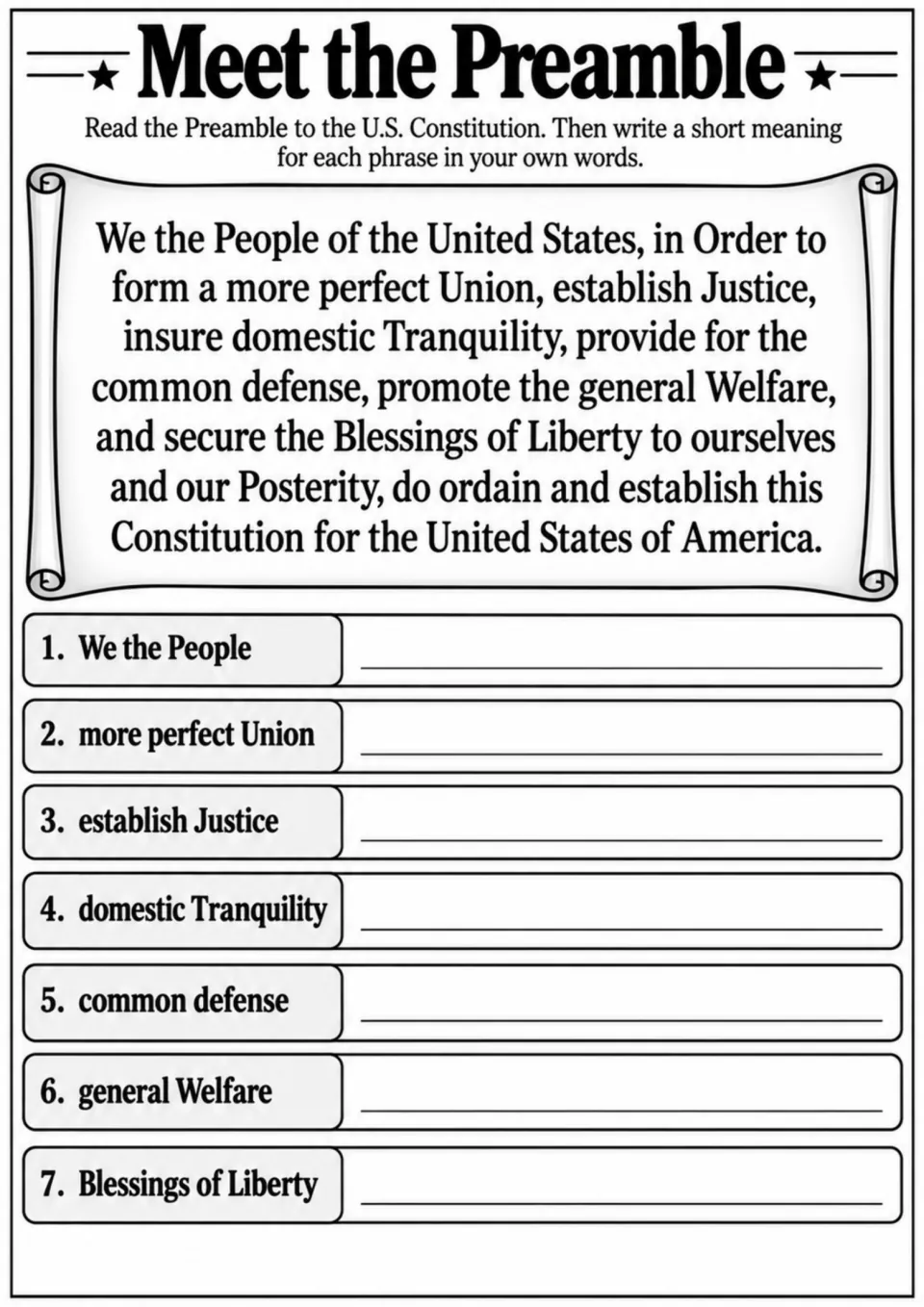 Preamble close-reading activity presents the full text and asks students to explain seven phrases in their words