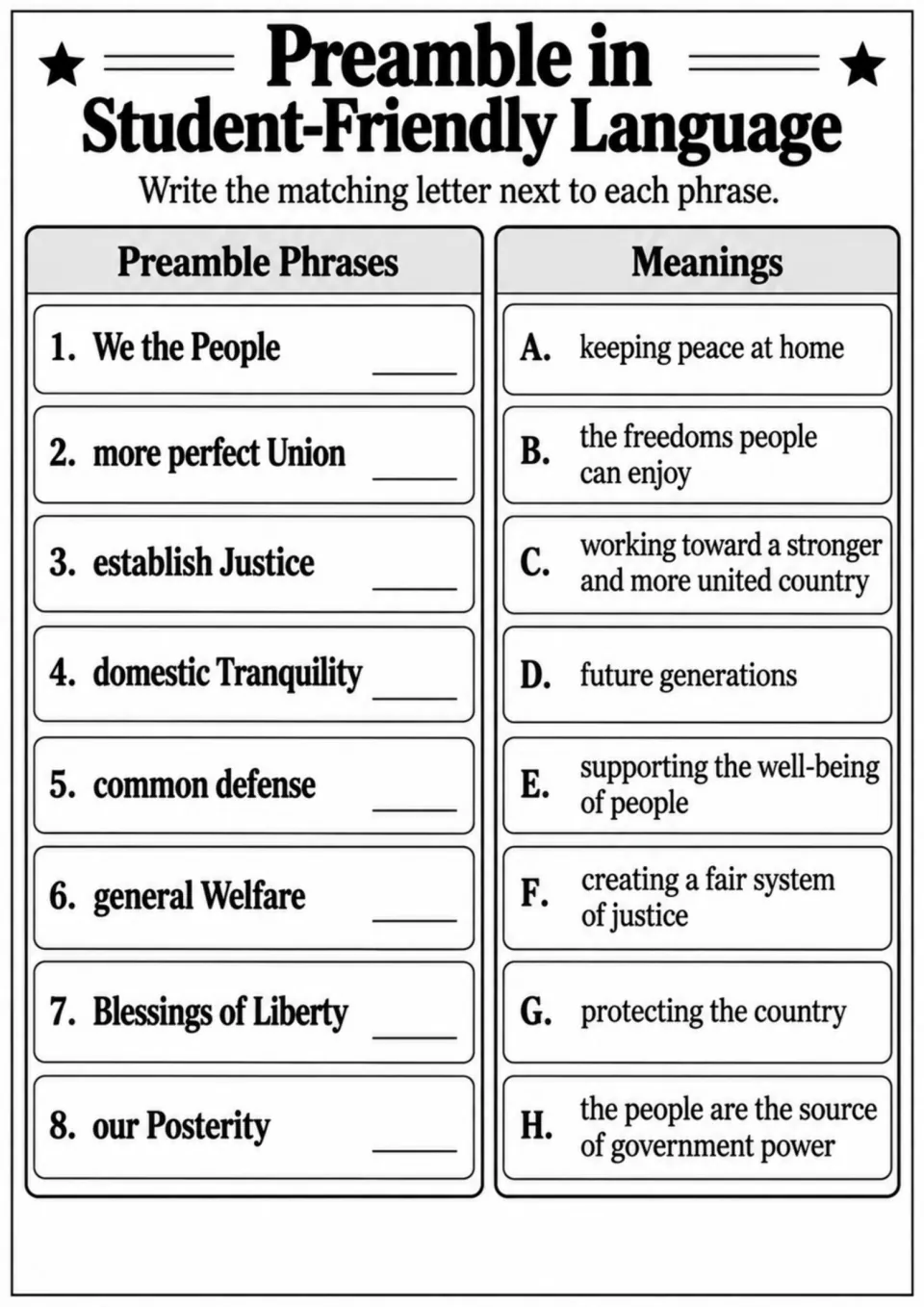 Preamble vocabulary activity asks students to match eight phrases, including our Posterity, to their meanings