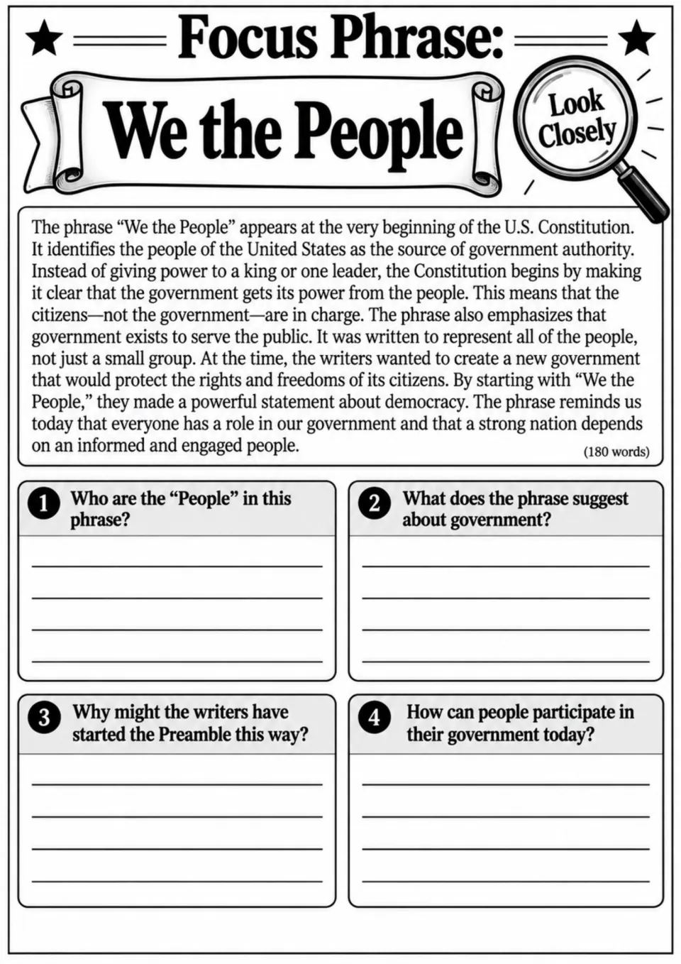 We the People reading explores the source of government power, with four questions about meaning and participation